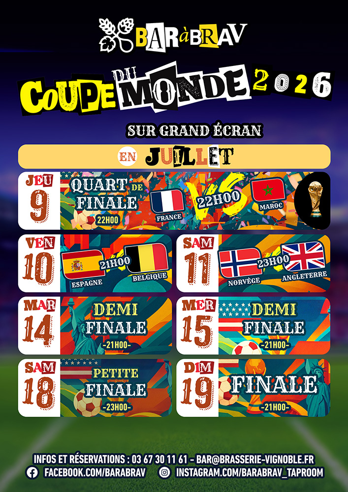 Diffusion des matchs de l'équipe de France sur grand écran au BaRàBraV. Phase finale de la Coupe du Monde, quarts de finale !