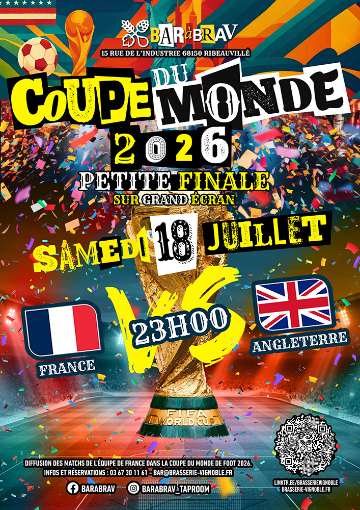 Coupe du Monde 2026 : diffusion du match France - Angleterre au BaRàBraV samedi 18 juillet à 21h00