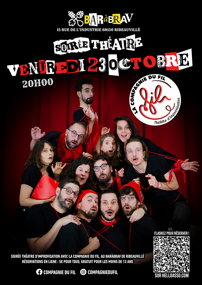 Soirée Théatre d'improvisation avec la Compagnie du Fil au BaRàBra'V de Ribeauvillé, vendredi 23 octobre 2026, à partir de 20h00